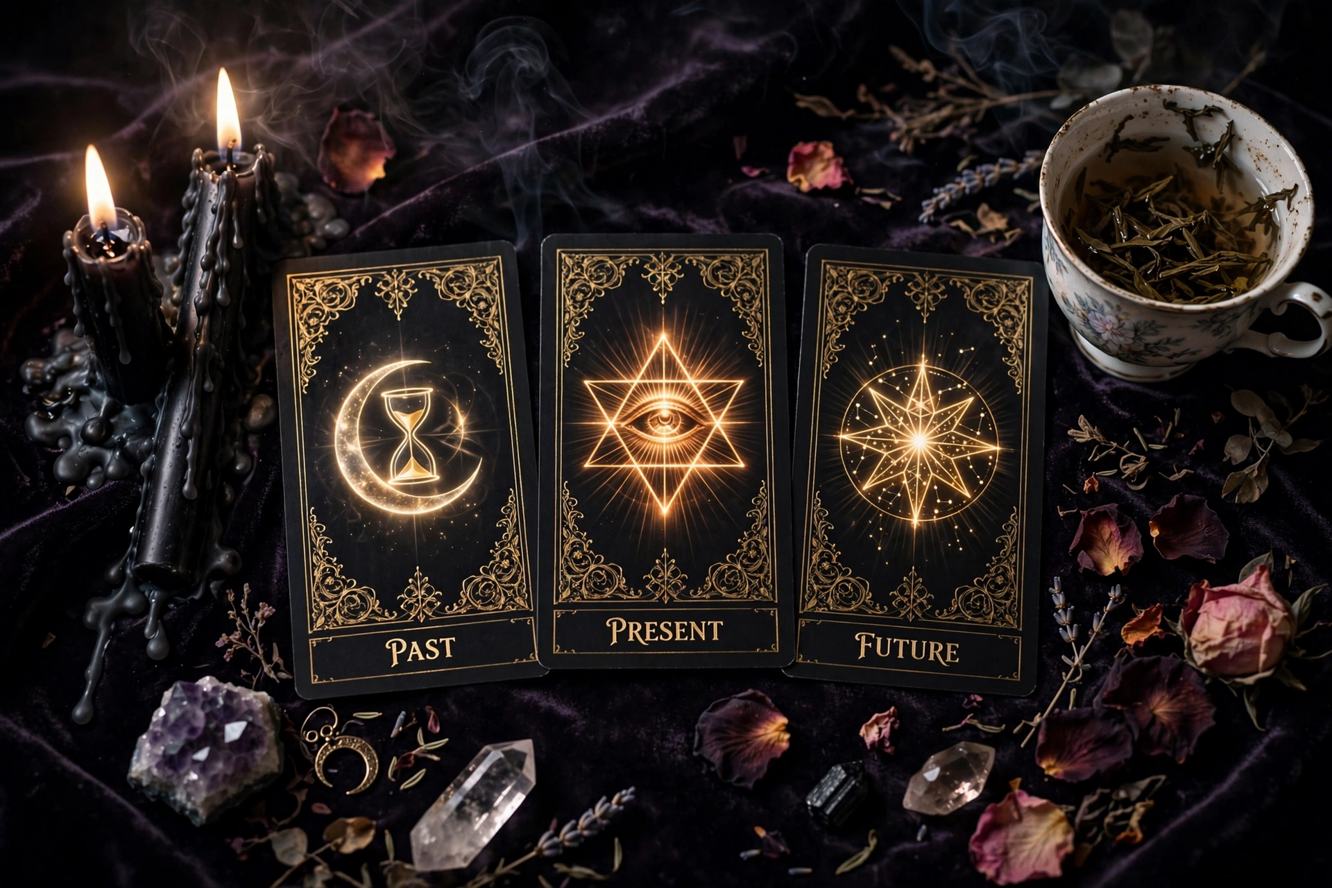Past, Present, Future tarot spread beside a cup of tea